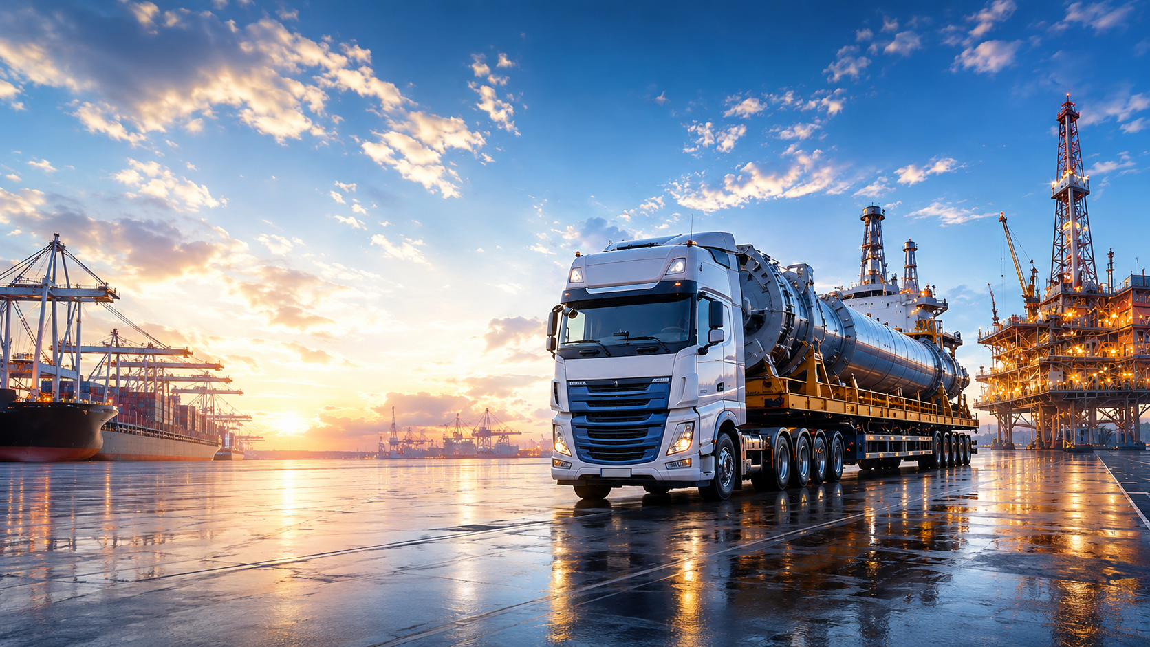 Heavy-haul truck transporting industrial equipment at an oil and gas port